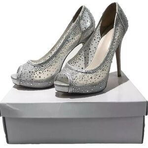 David's Bridal Dreama Silver Peep Toe Heels - Size 9